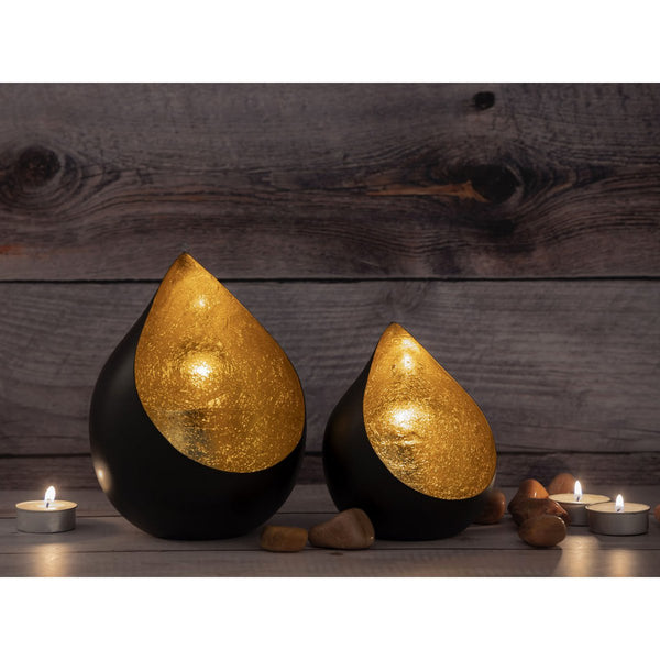 Candlestick set with 2 tealight holders Romy. Drop-shaped black matt and gold-plated inside